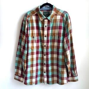 Woolrich Plaid Button-Up Flannel Longsleeve Shirt in Teal Burgundy Tan Size 2XL